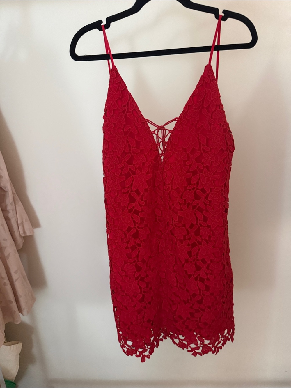 Red Floral Lace Mini Dress with Lace-Up Front